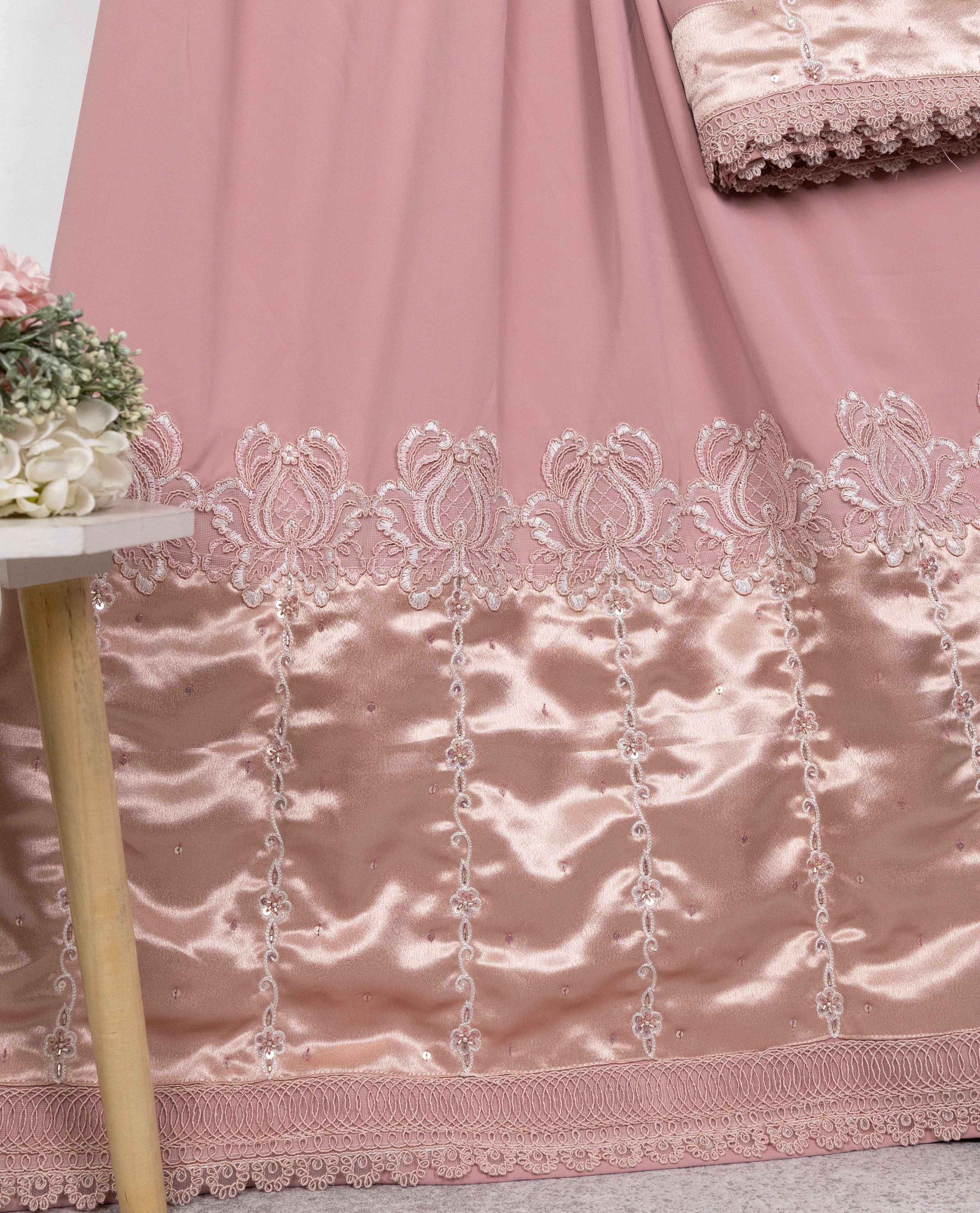 Dusty Rose Abaya Rida With Smart Shining Panel Floral Lace With Lite Aari Work