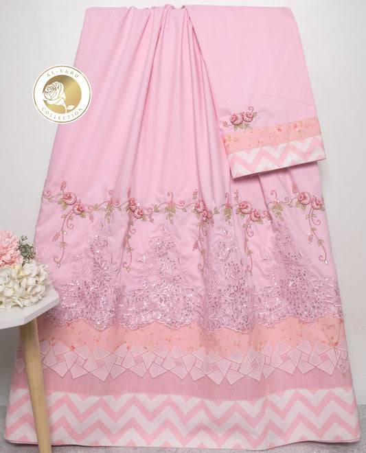 Baby Pink Rida With Sequence Lace Chevron Panel & Floral Aari Work