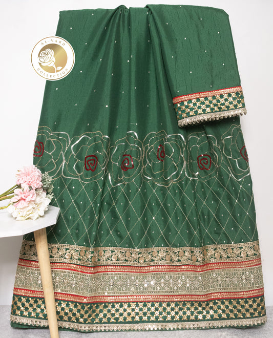 Dark Green Rida With Heavy Look Panel Lace & Floral Design Aari Work Roses
