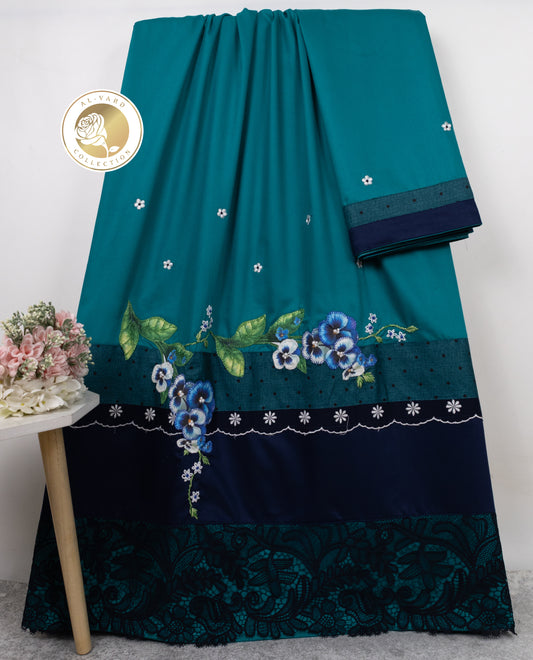 Dark Firozi Rida With Smart Black Lace & Purple  Floral Applique Work