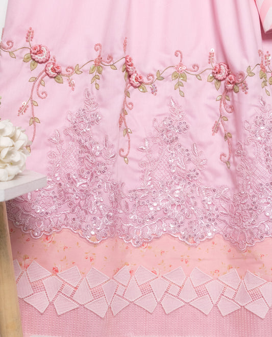 Baby Pink Rida With Sequence Lace Chevron Panel & Floral Aari Work