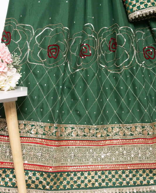 Dark Green Rida With Heavy Look Panel Lace & Floral Design Aari Work Roses