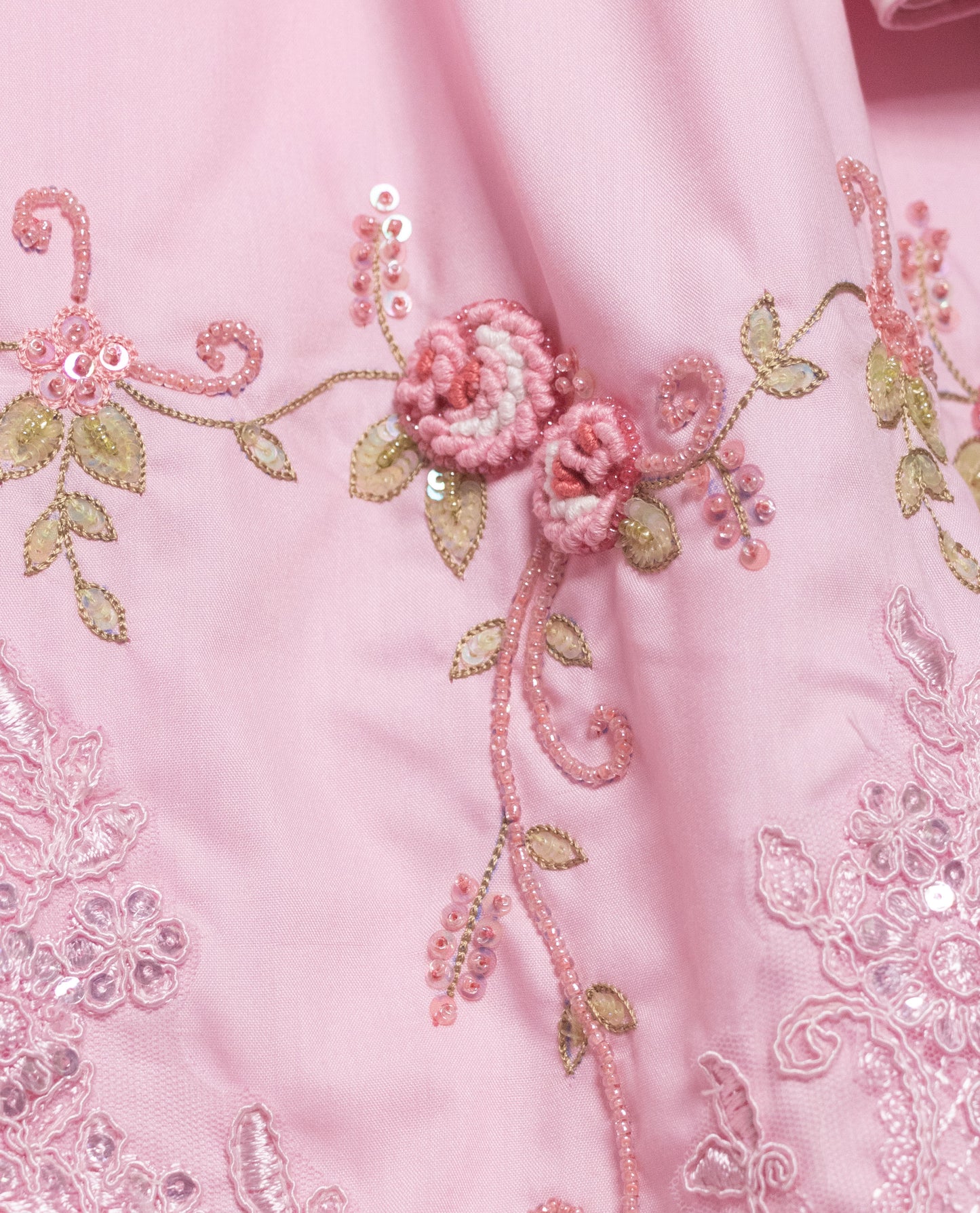 Baby Pink Rida With Sequence Lace Chevron Panel & Floral Aari Work