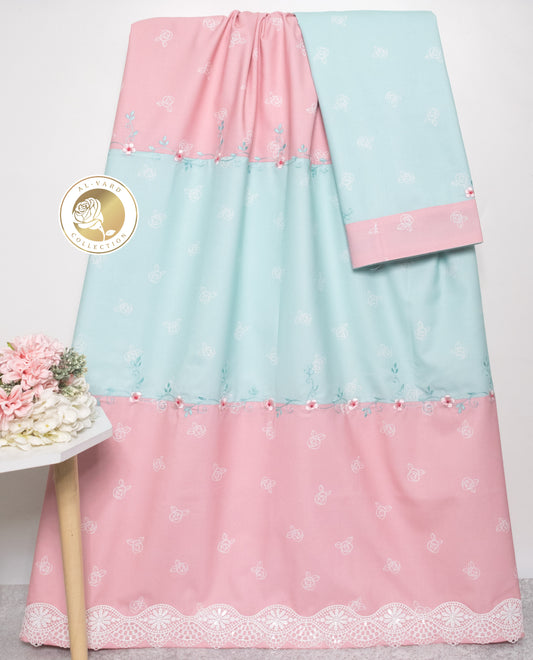 Baby Pink & Baby Blue Self Print Rida With Floral Embroidery