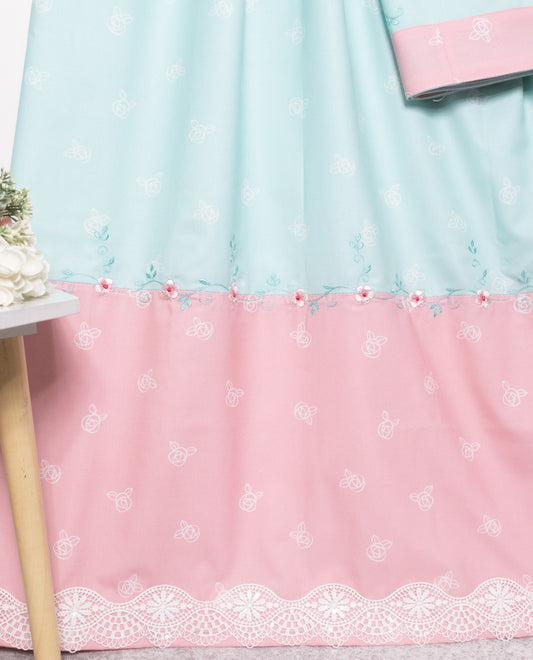 Baby Pink & Baby Blue Self Print Rida With Floral Embroidery