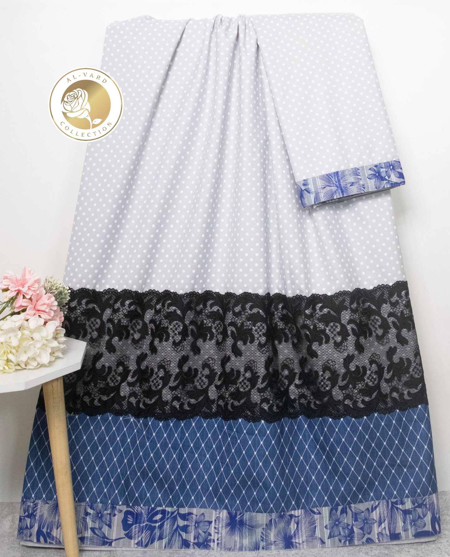 Light Grey Dots With Smart Blue Panel & Black Lace