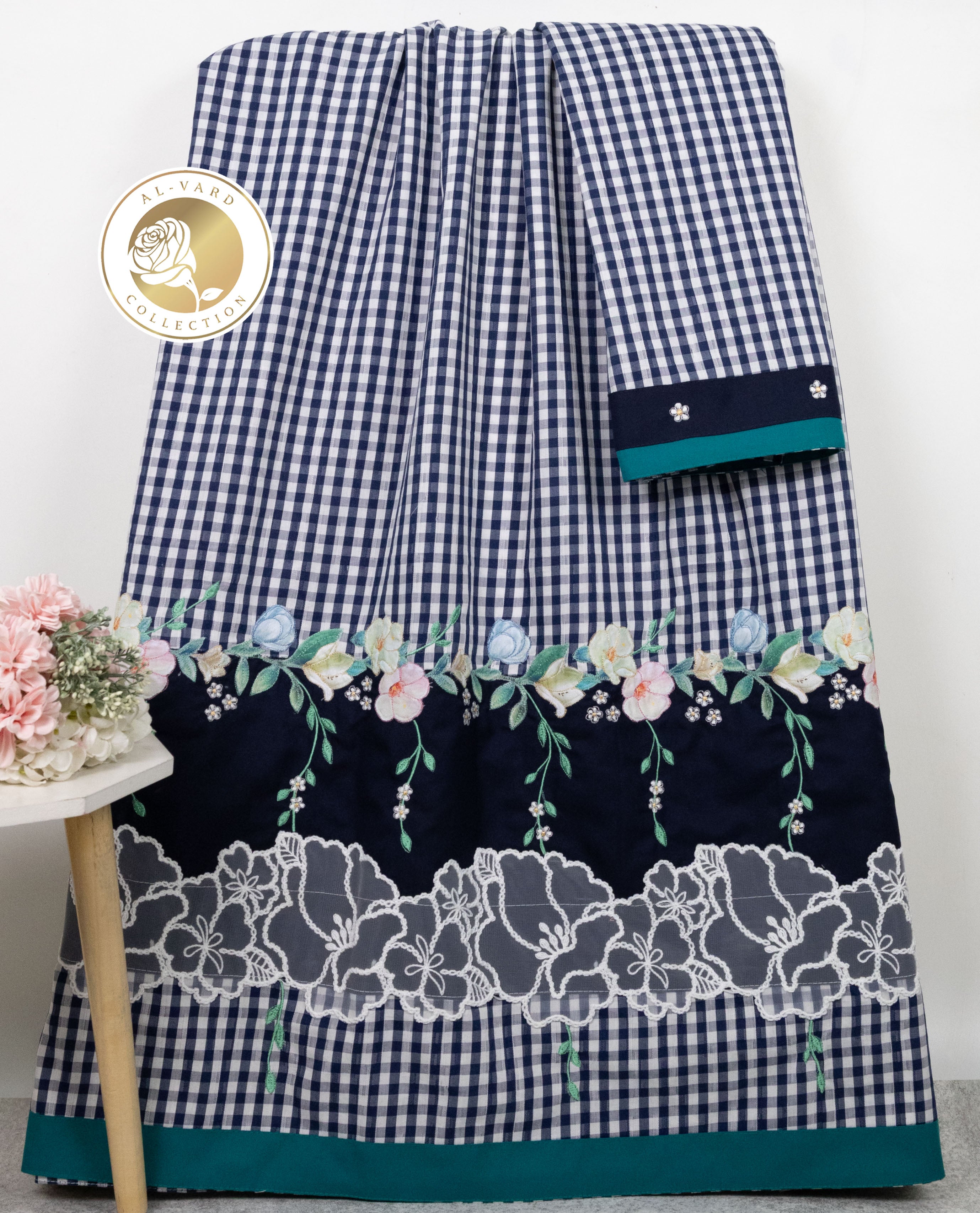 Navy Blue White Cheks With Dark Panel Smart Lace & Floral Applique Border