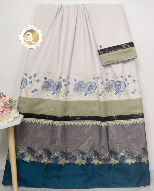 Beige Rida With Dark Panel Lace & Floral Embroidery Work