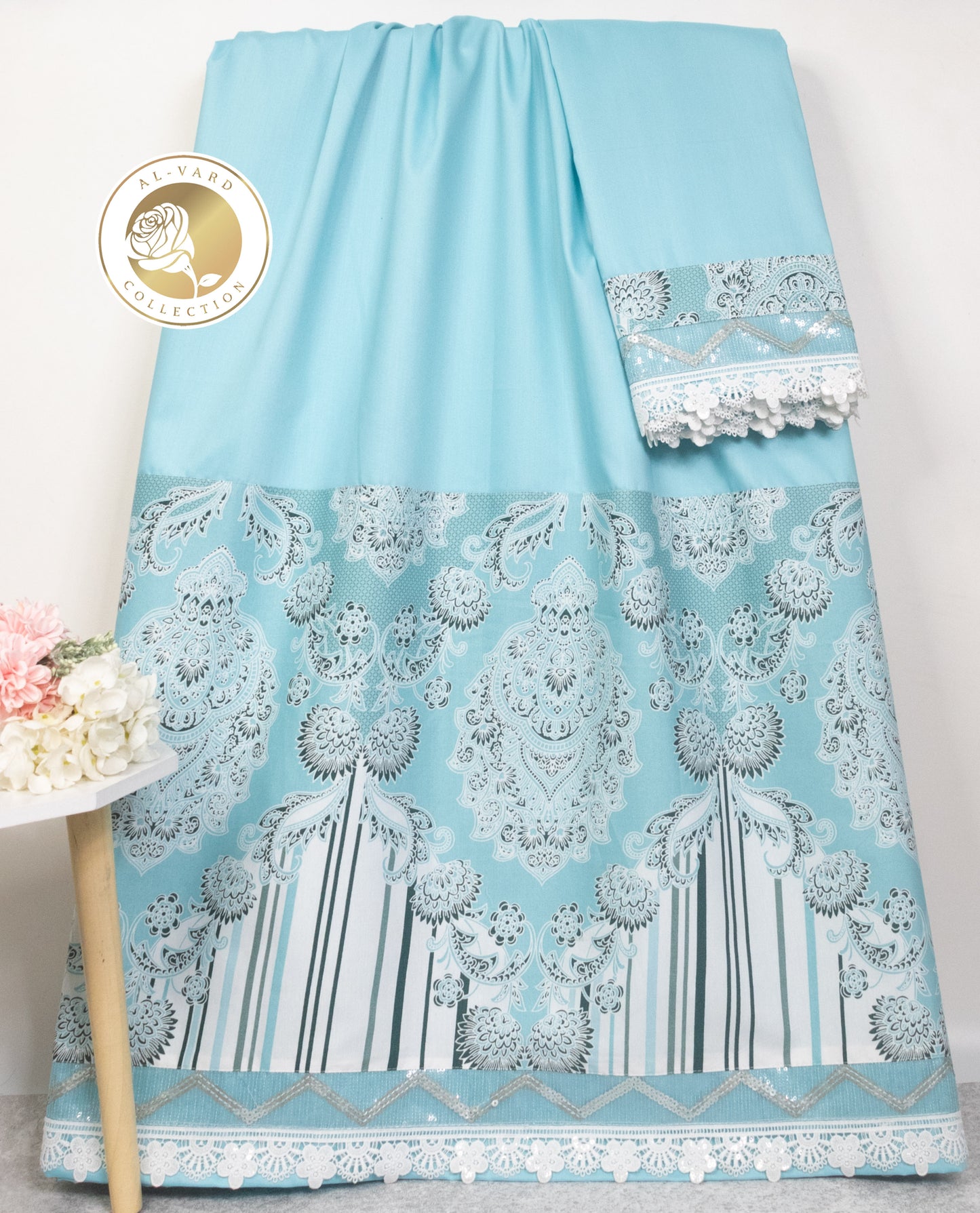 Sky Blue Rida With Digital Print Panel & Sequence Lace