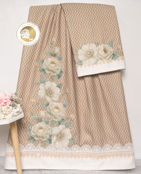 Beige White Chevron Rida With Smart Floral Patch Work & Lace