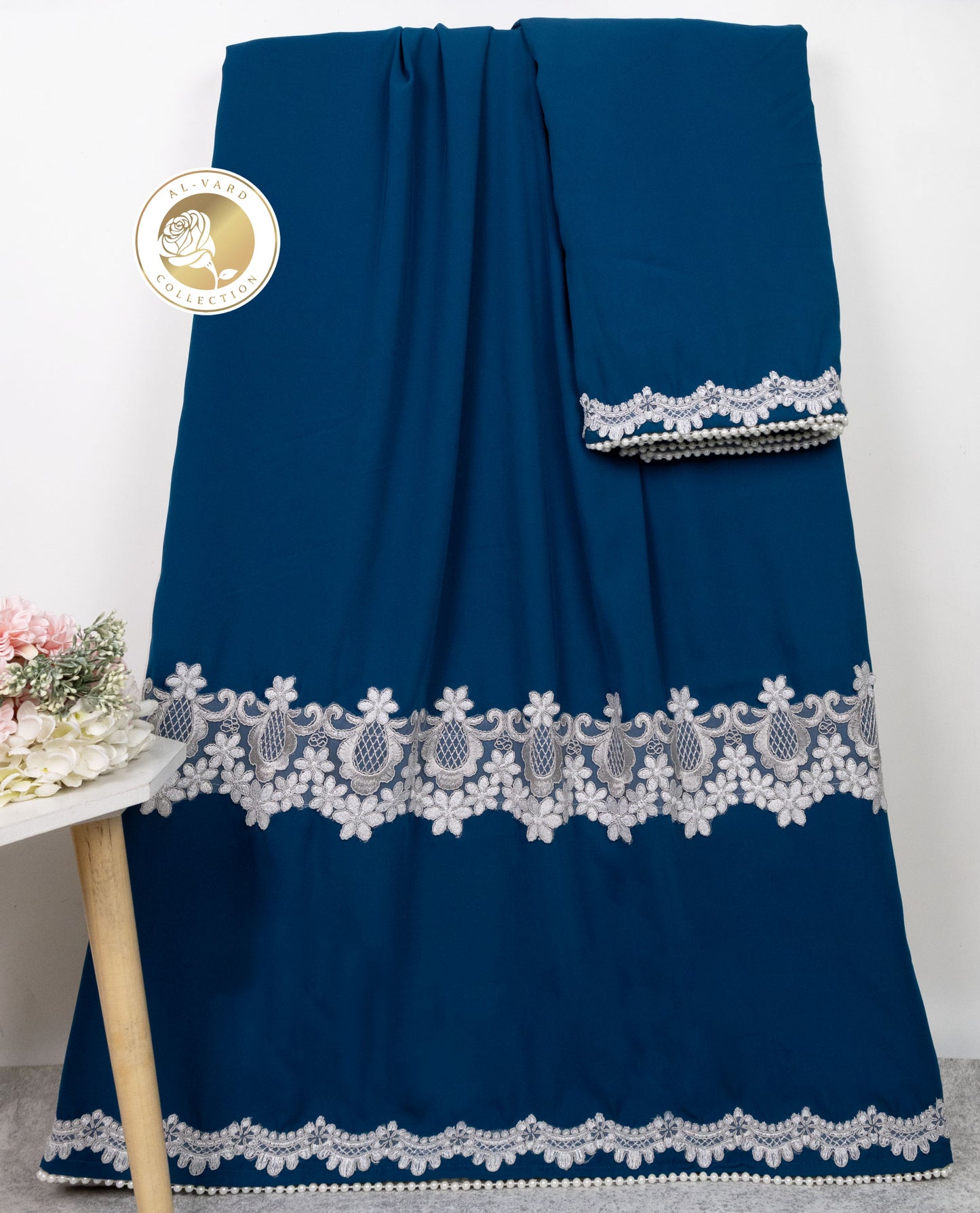 Dark Blue Abaya Rida With Smart Abaya Panel & Floral White Lacing