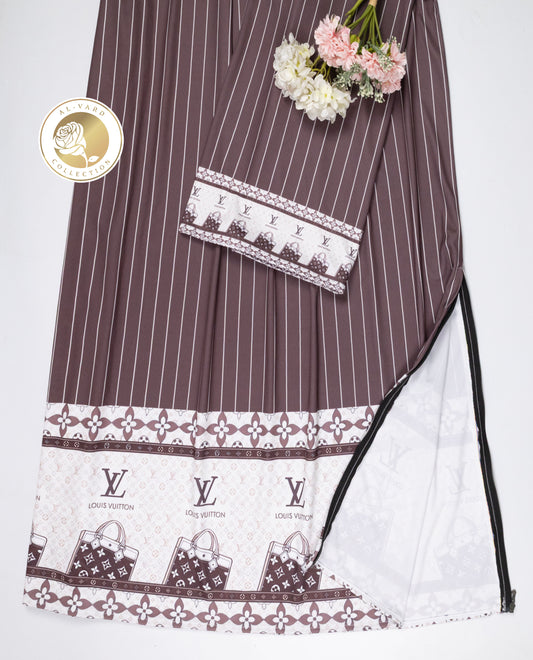 Dark Brown White Lining Swim Wear With Loius Vuttion Logo Print & Bags Printed