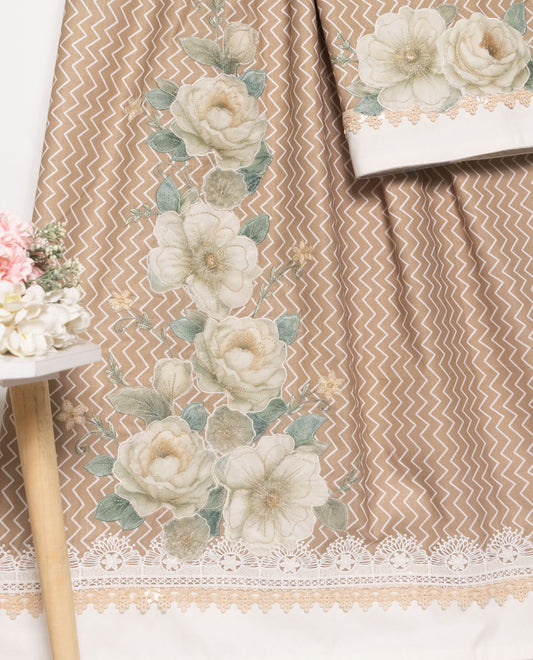 Beige White Chevron Rida With Smart Floral Patch Work & Lace