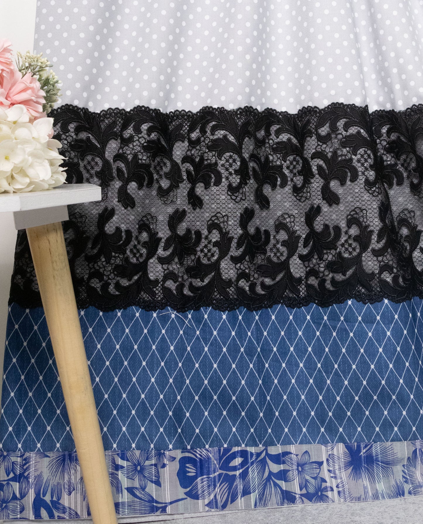 Light Grey Dots With Smart Blue Panel & Black Lace