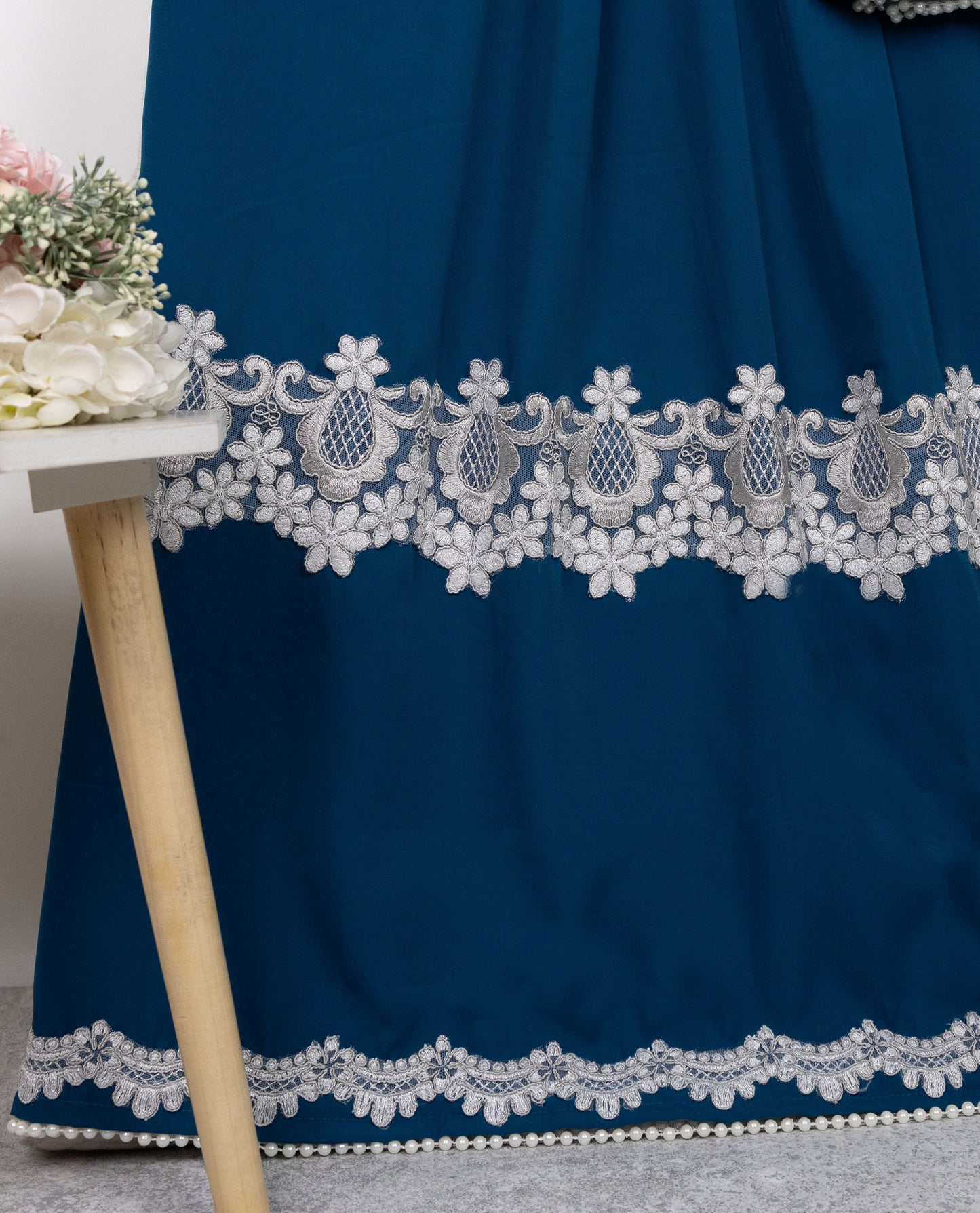 Dark Blue Abaya Rida With Smart Abaya Panel & Floral White Lacing