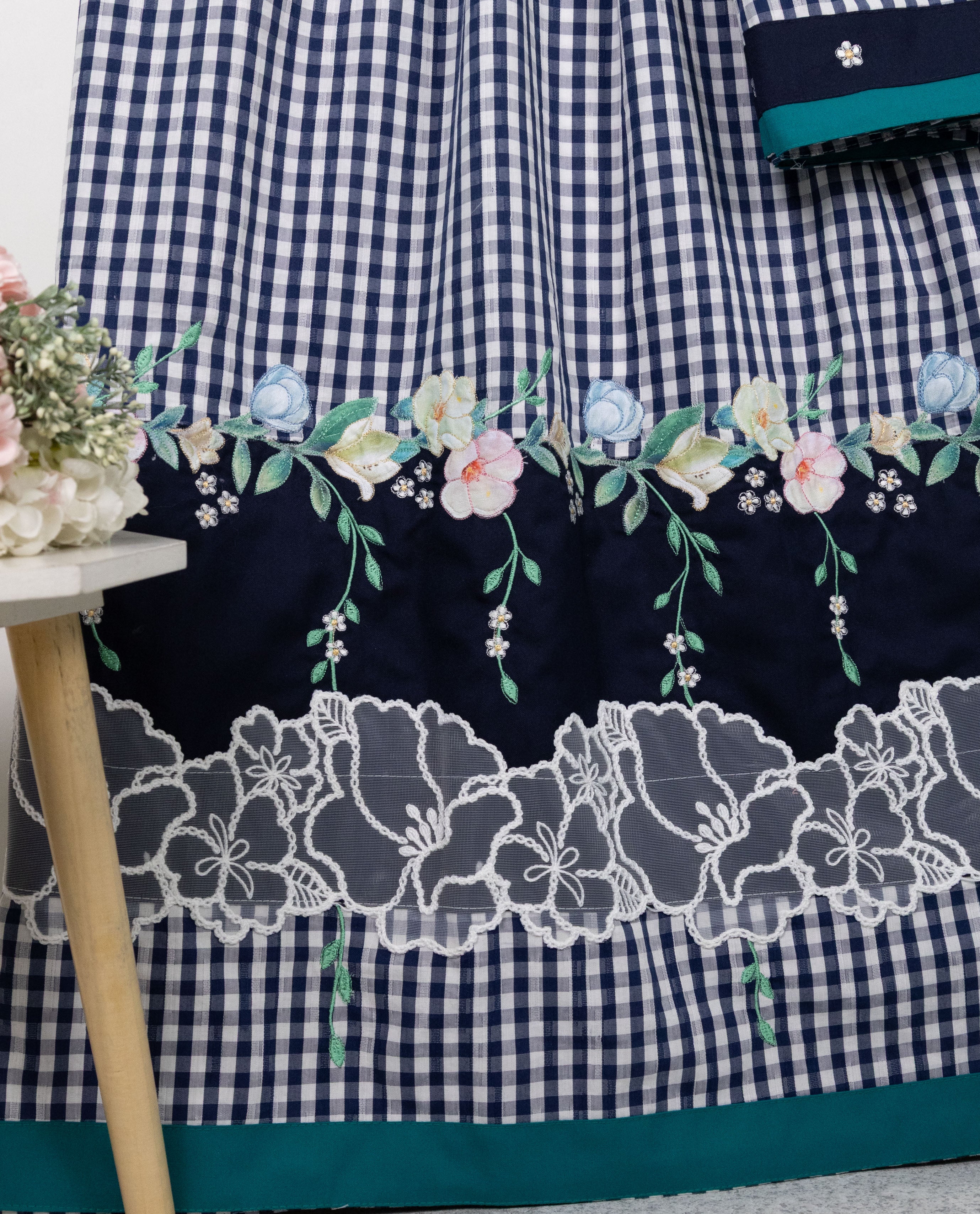 Navy Blue White Cheks With Dark Panel Smart Lace & Floral Applique Border