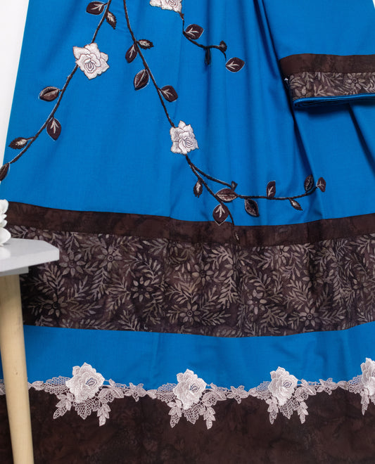 Royal Blue Rida With Dark Printed Panel & Floral Work