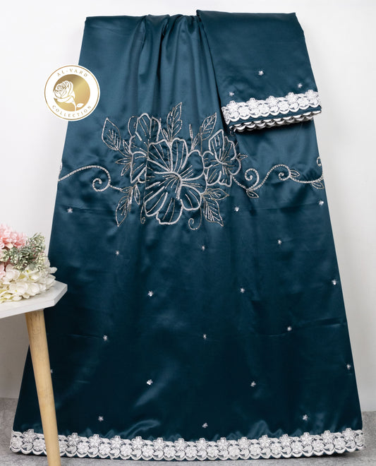 Dark Teal Blue Silky Rida With Heavy Floral Aari Work & Heavy Shining Lace