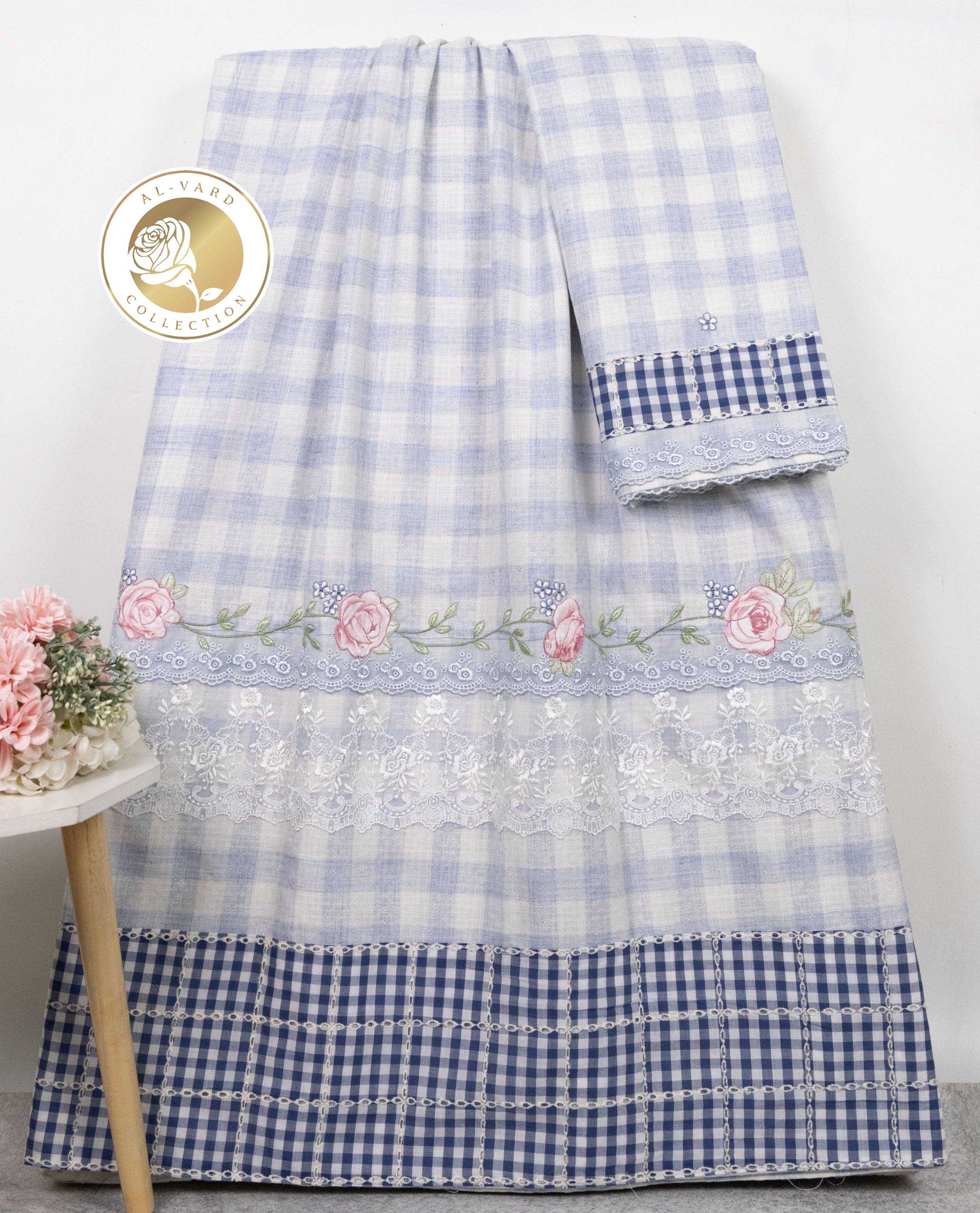 Periwinkle Blue White Checks Rida With Dark Blue Cheks Panel Floral Lace & Floral Border Work