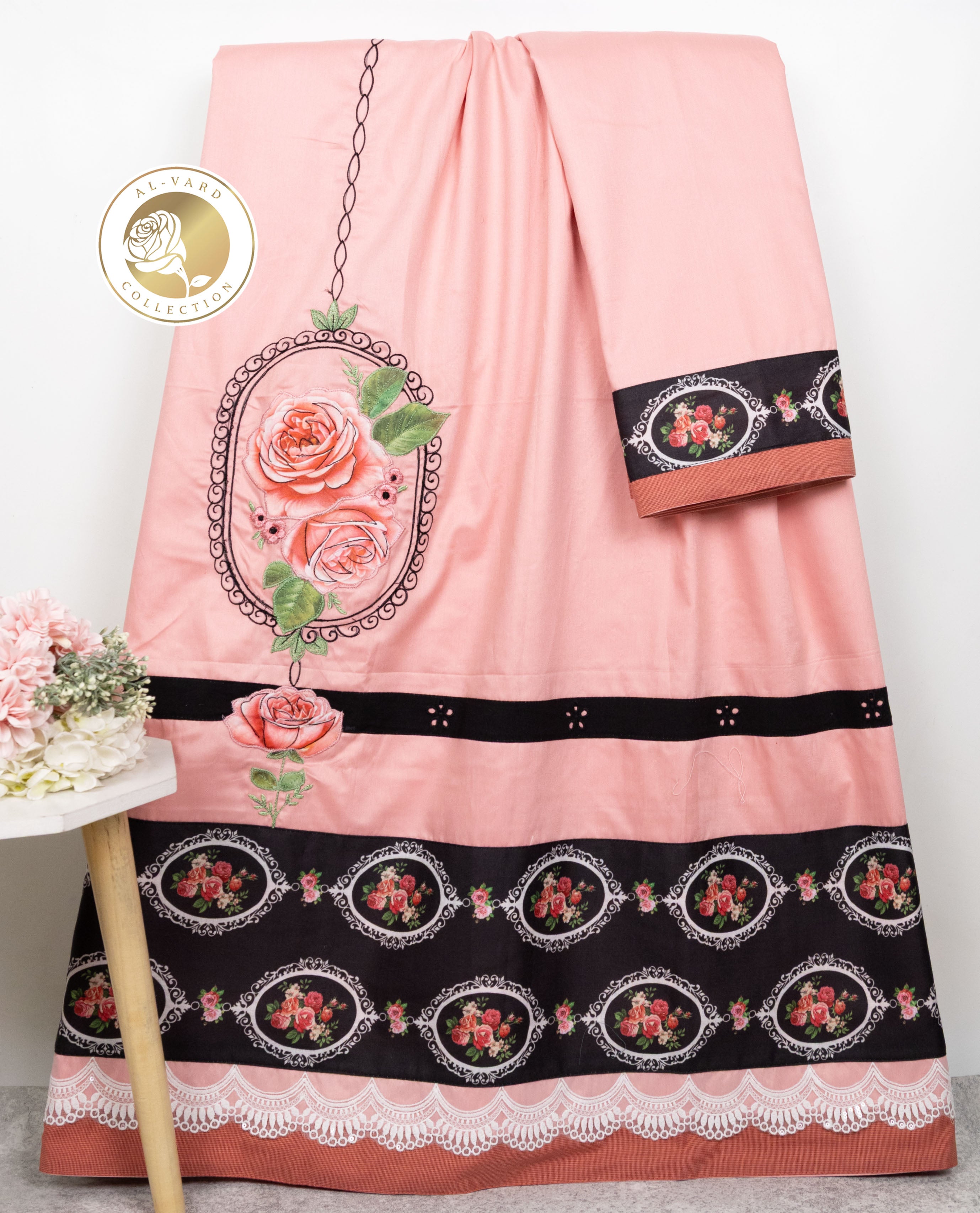 Flamingo Pink Rida With Smart Dark Floral Printed Panel Lace & Smart Floral Work