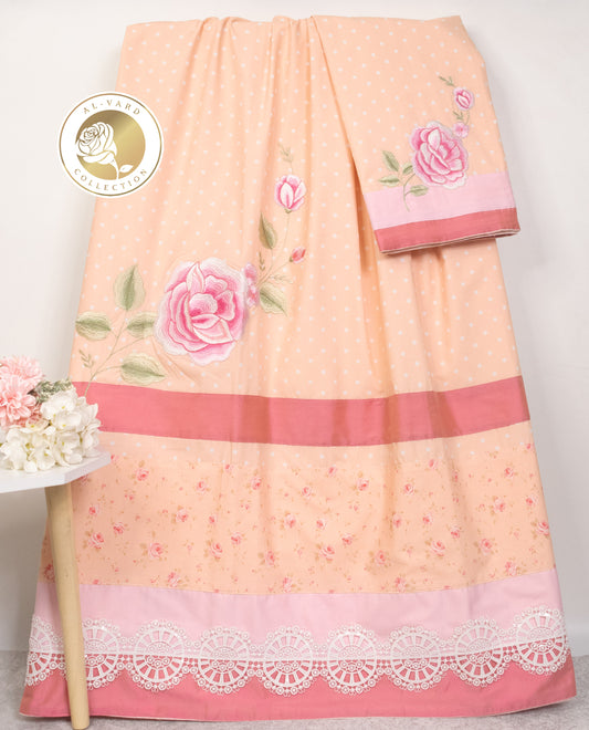 Peach Dots Rida With Rose Printed Panel Lace & Smart Floral Work