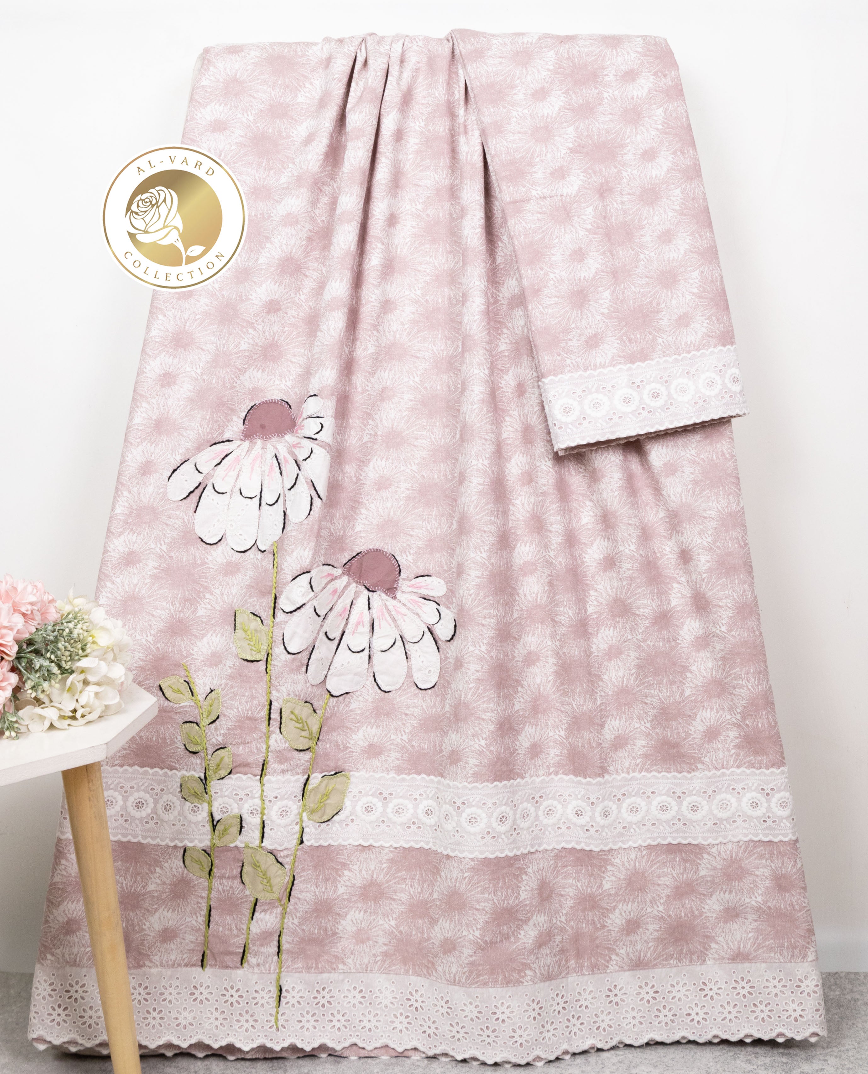 Dusty Pink White Botnical Burst Rida With Smart Lace & Floral 3D Work