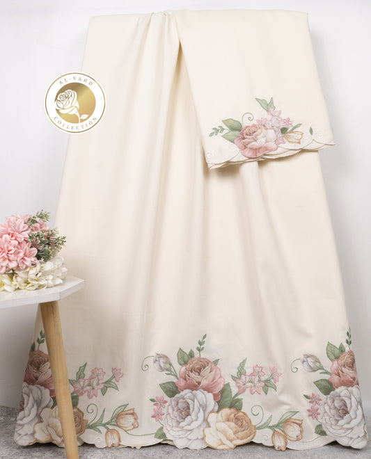 Cream Rida With Smart Floral Applique Flowers & Embroidery Work-