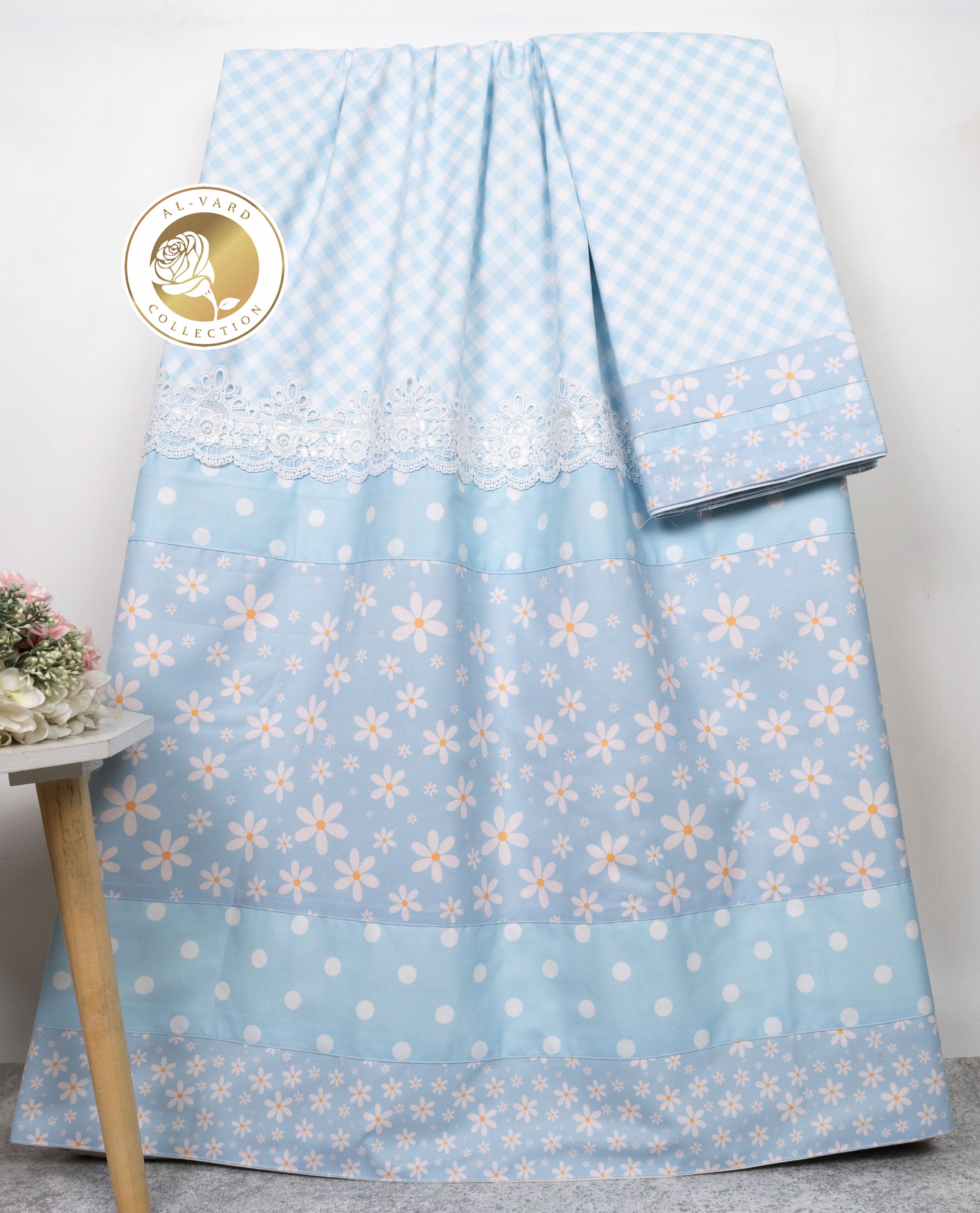 Light Blue White Ghingham Rida With Smart Floral Dots Panel & Smart Lace