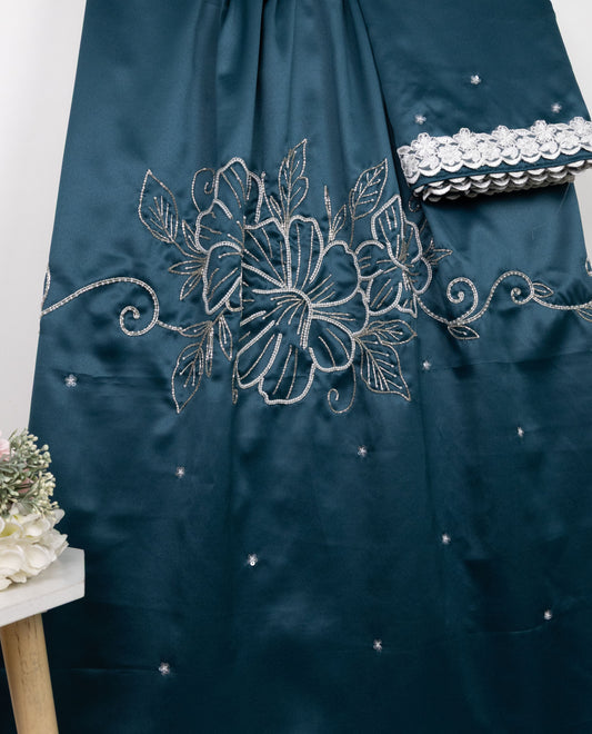 Dark Teal Blue Silky Rida With Heavy Floral Aari Work & Heavy Shining Lace