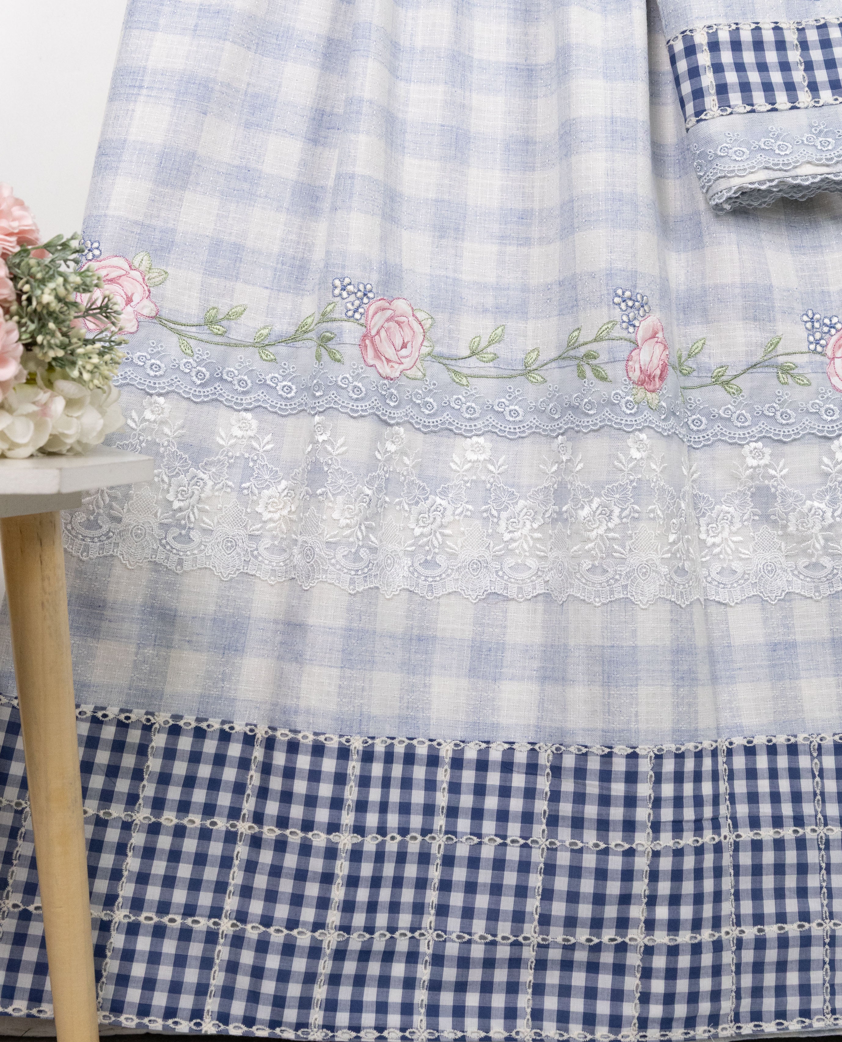 Periwinkle Blue White Checks Rida With Dark Blue Cheks Panel Floral Lace & Floral Border Work