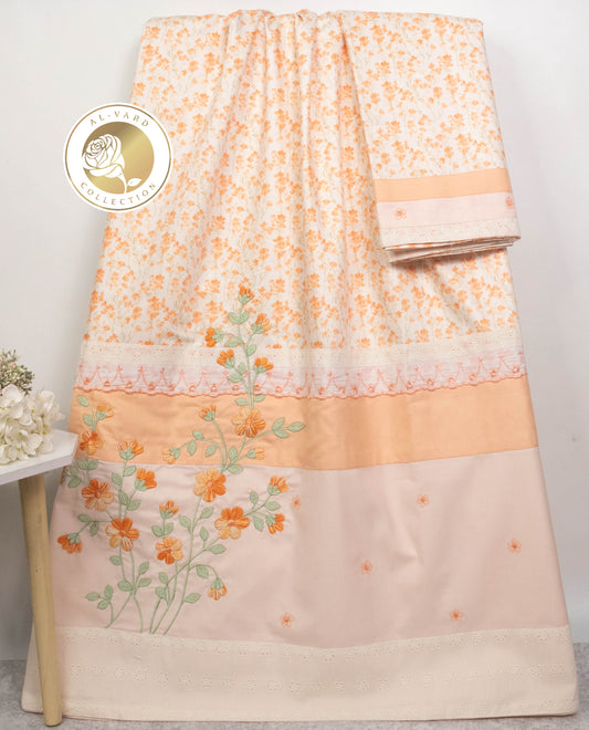 Orange Floral Print Rida With Smart Panel & Floral Embroidery Work