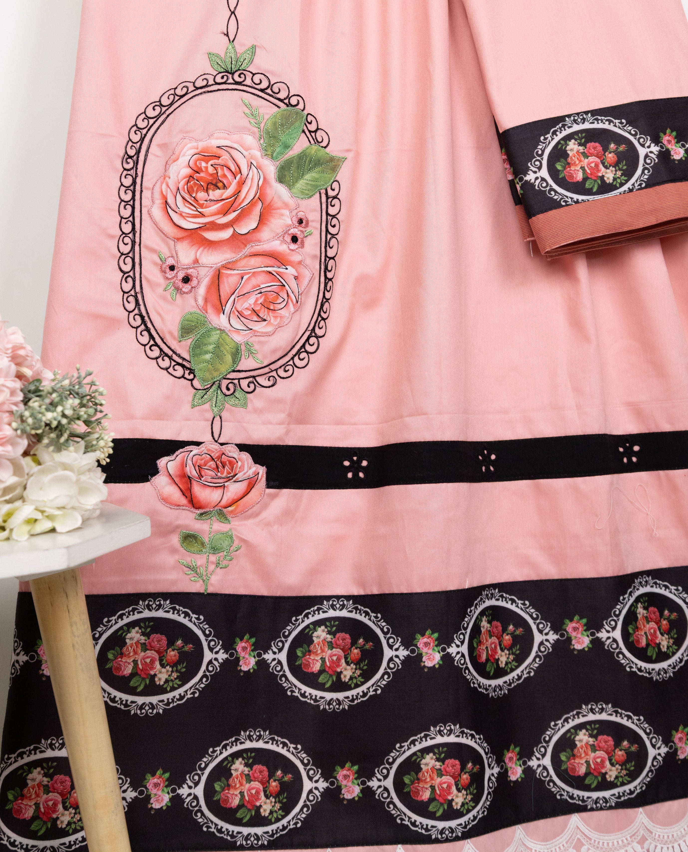 Flamingo Pink Rida With Smart Dark Floral Printed Panel Lace & Smart Floral Work