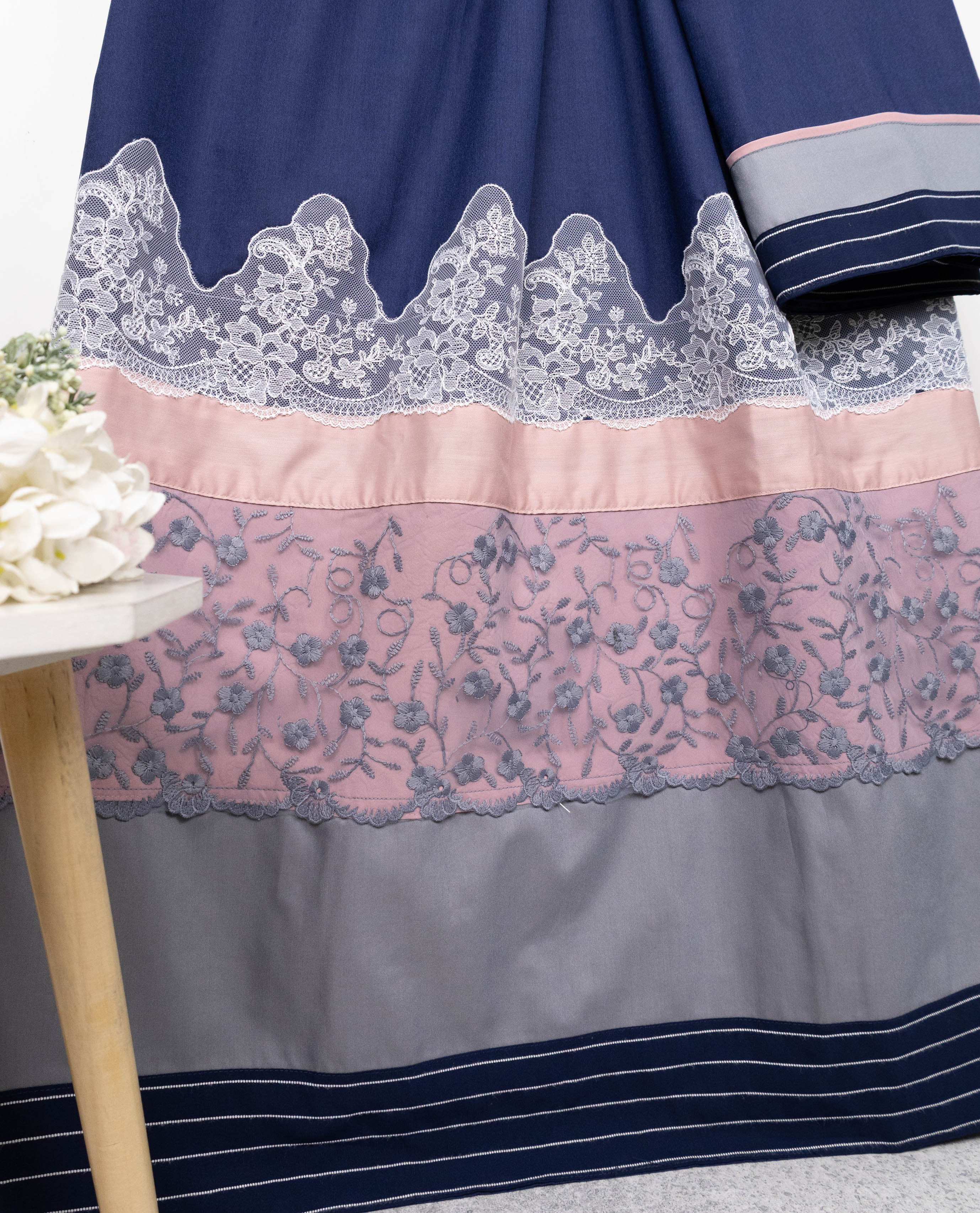Navy Blue Rida With Smart Floral Lace & Smart Plain Panel