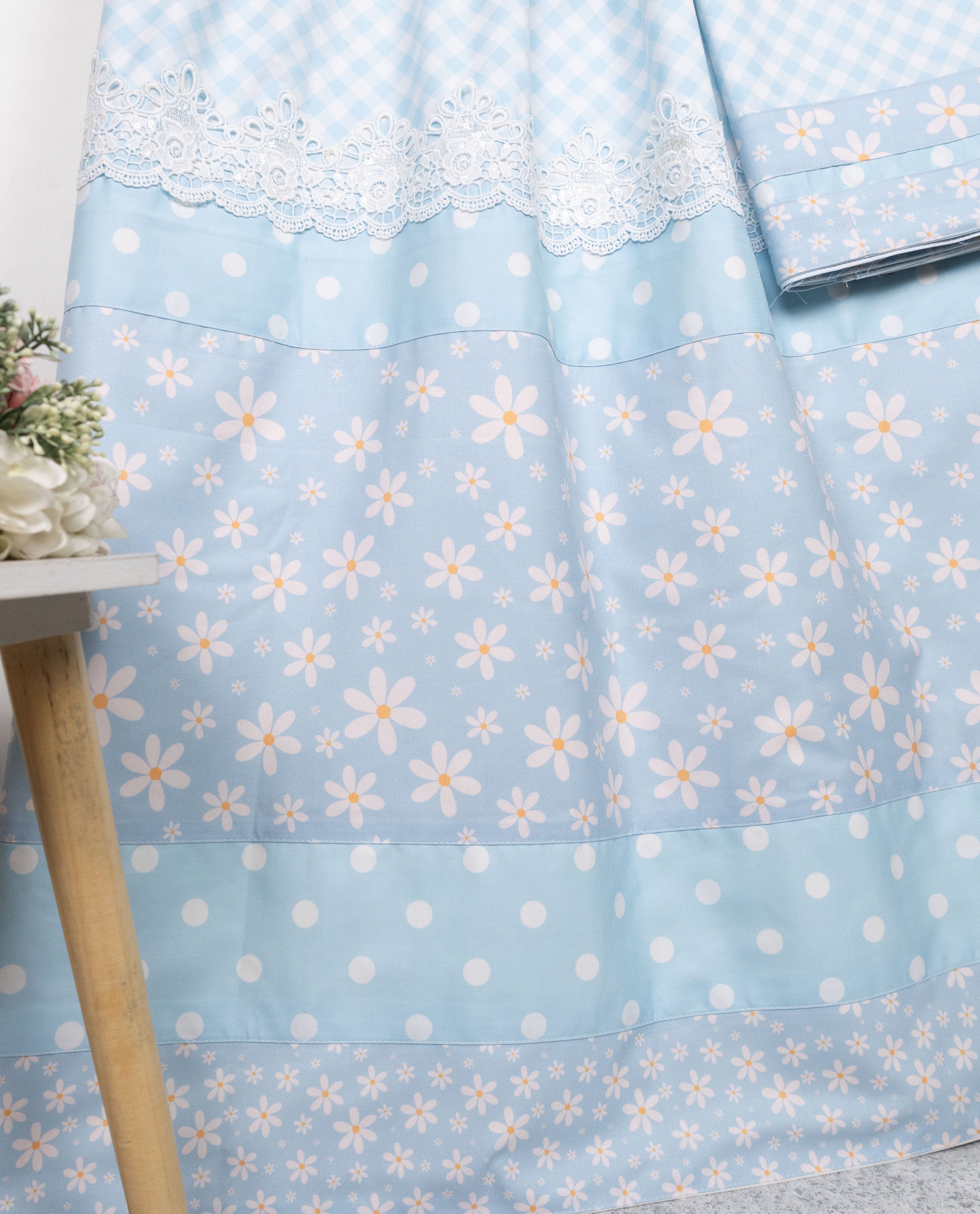 Light Blue White Ghingham Rida With Smart Floral Dots Panel & Smart Lace