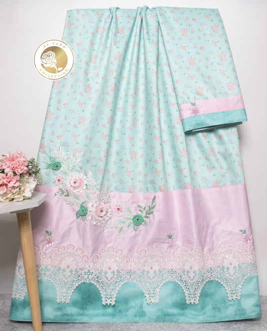 Mint Green Printed Rida With Panel Lace & Floral Work