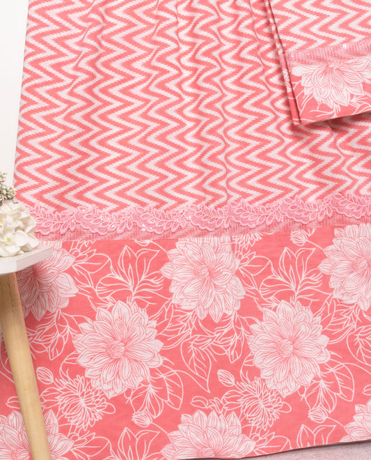 Salmon Zigzag Batik Rida With Smart Lace & Floral Batik Panel