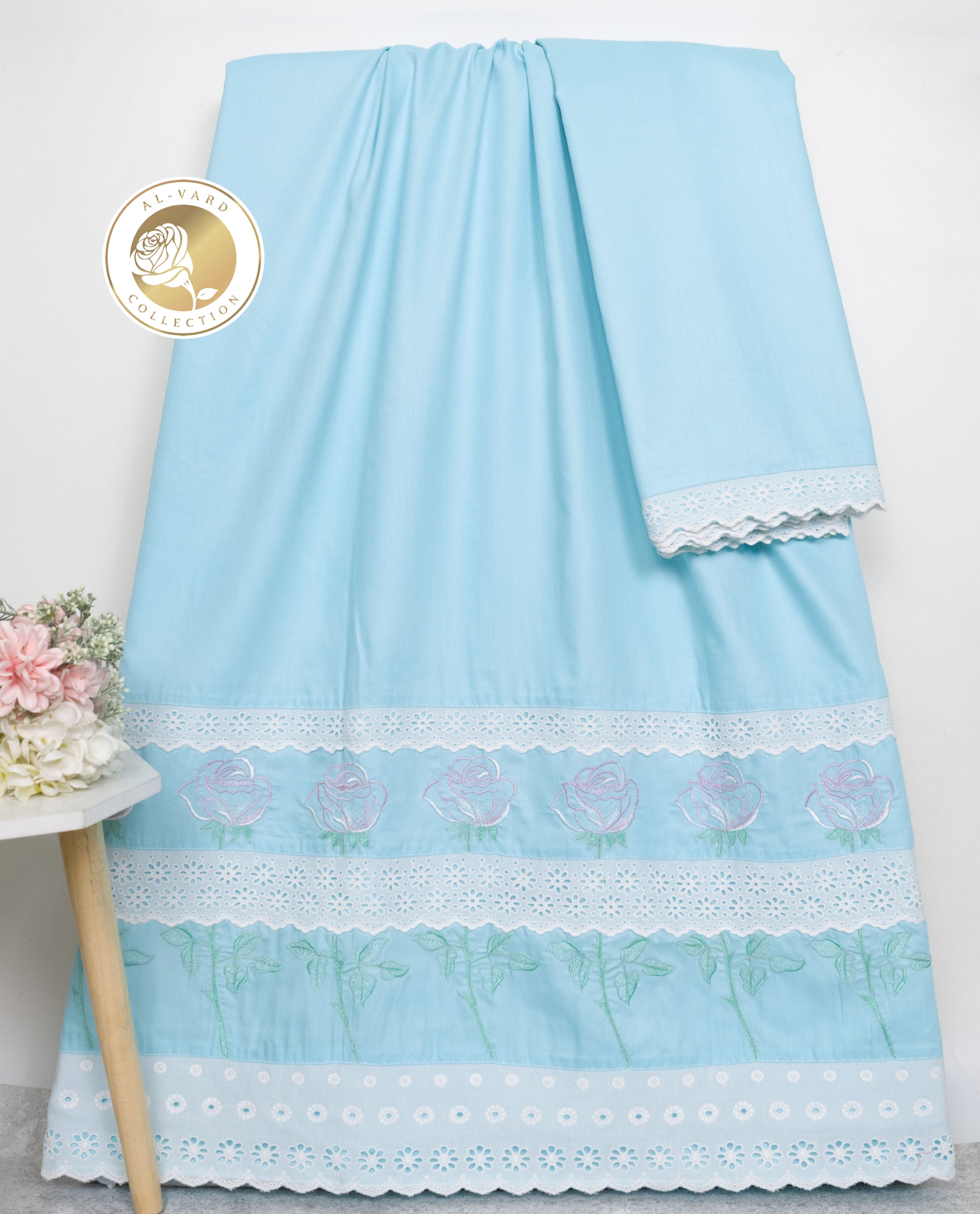 Light Blue Rida With Smart White Lacing & Rose Embroidery Work