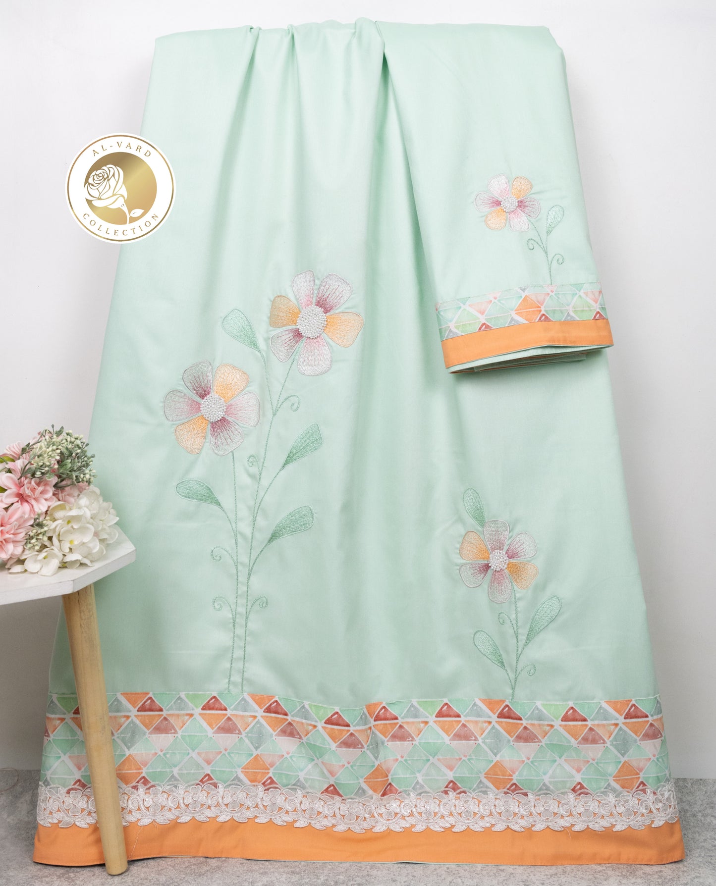 Mint Green With Smart Design Panel & Smart Floral Embroidery Work