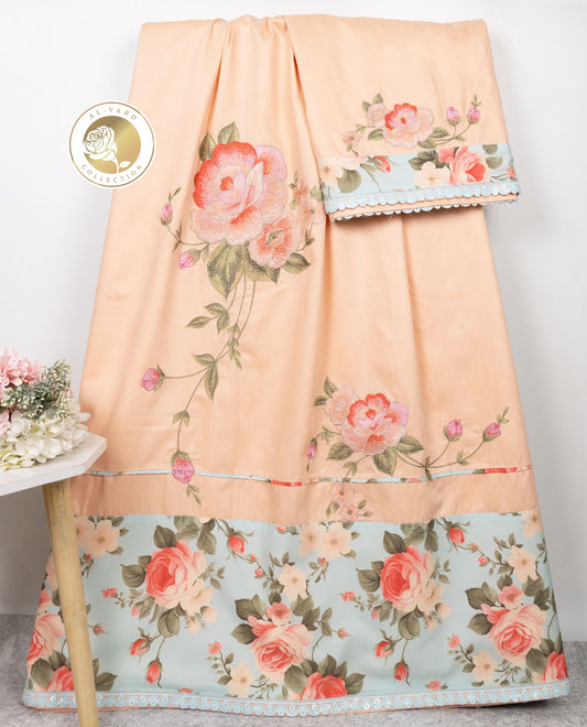 Peach Rida With Smart Floral Panel Pipin & Same Floral Embroidery Work
