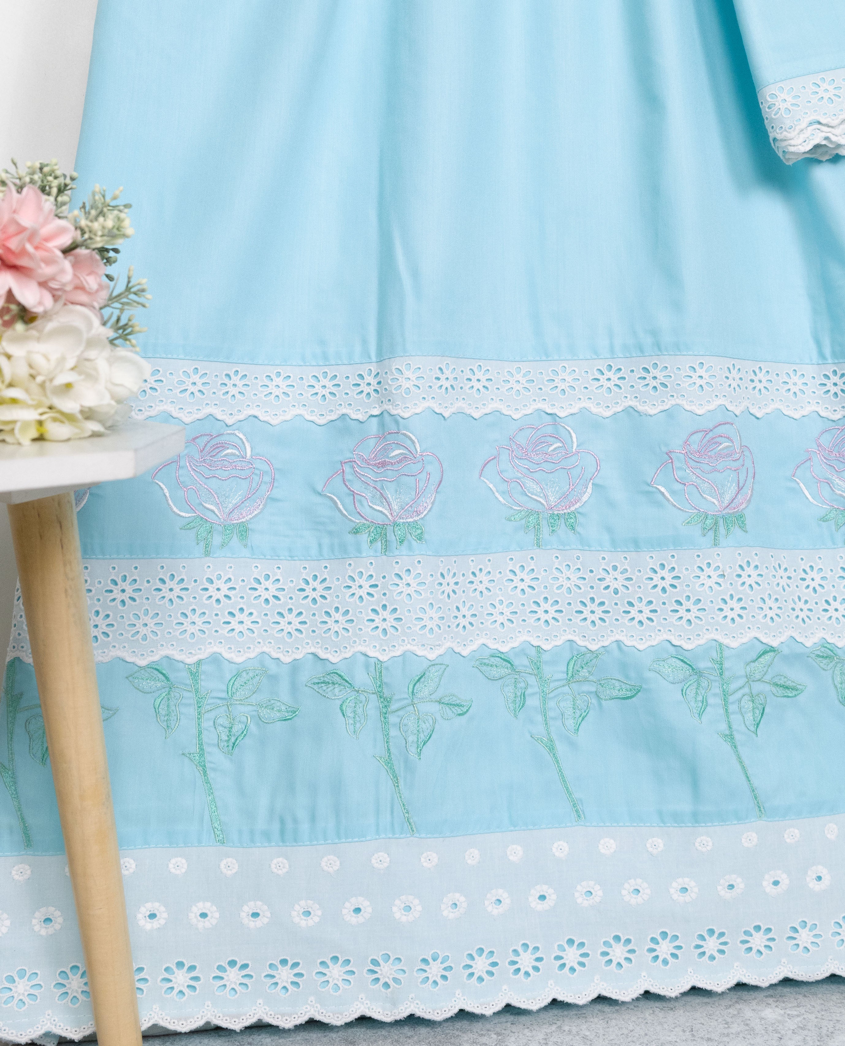 Light Blue Rida With Smart White Lacing & Rose Embroidery Work