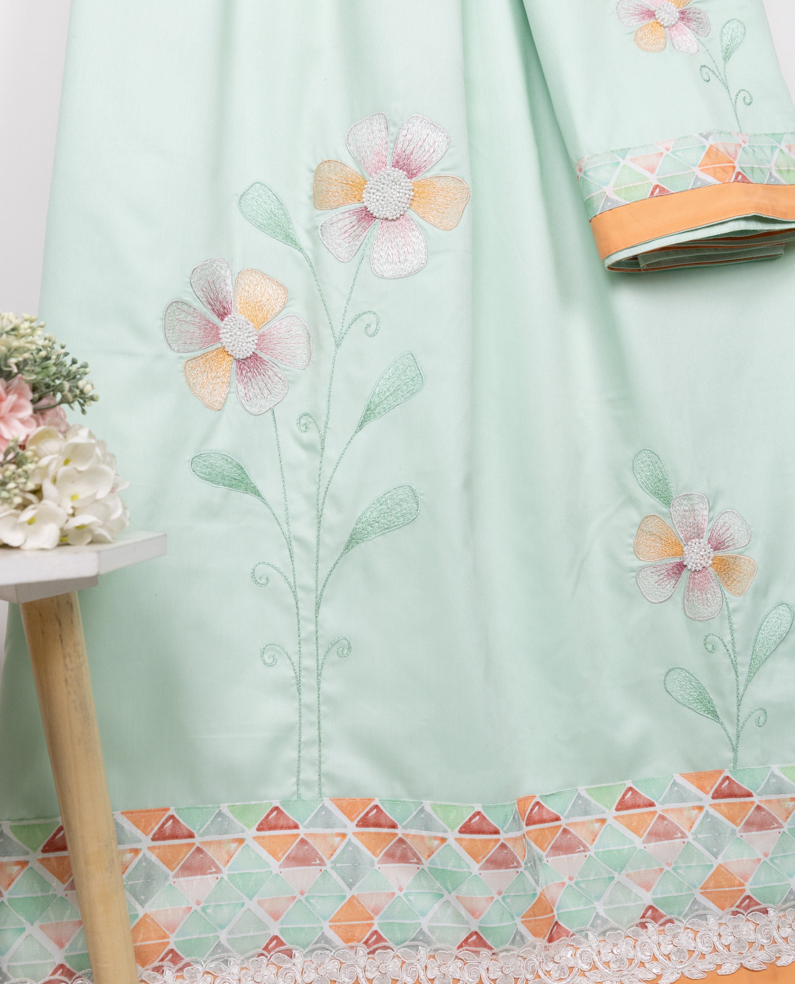 Mint Green With Smart Design Panel & Smart Floral Embroidery Work