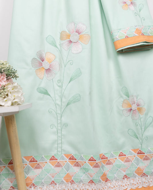 Mint Green With Smart Design Panel & Smart Floral Embroidery Work