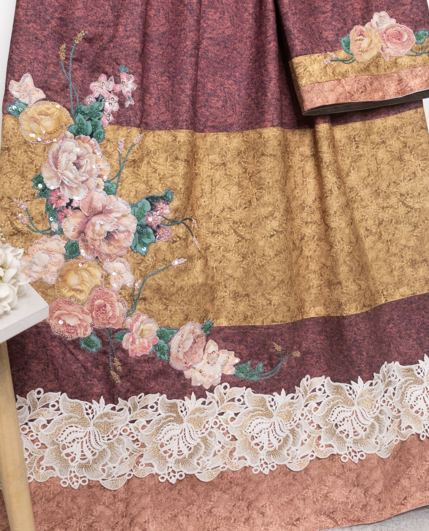Dark Brown Rida With Smart Panel & Floral Applique Work
