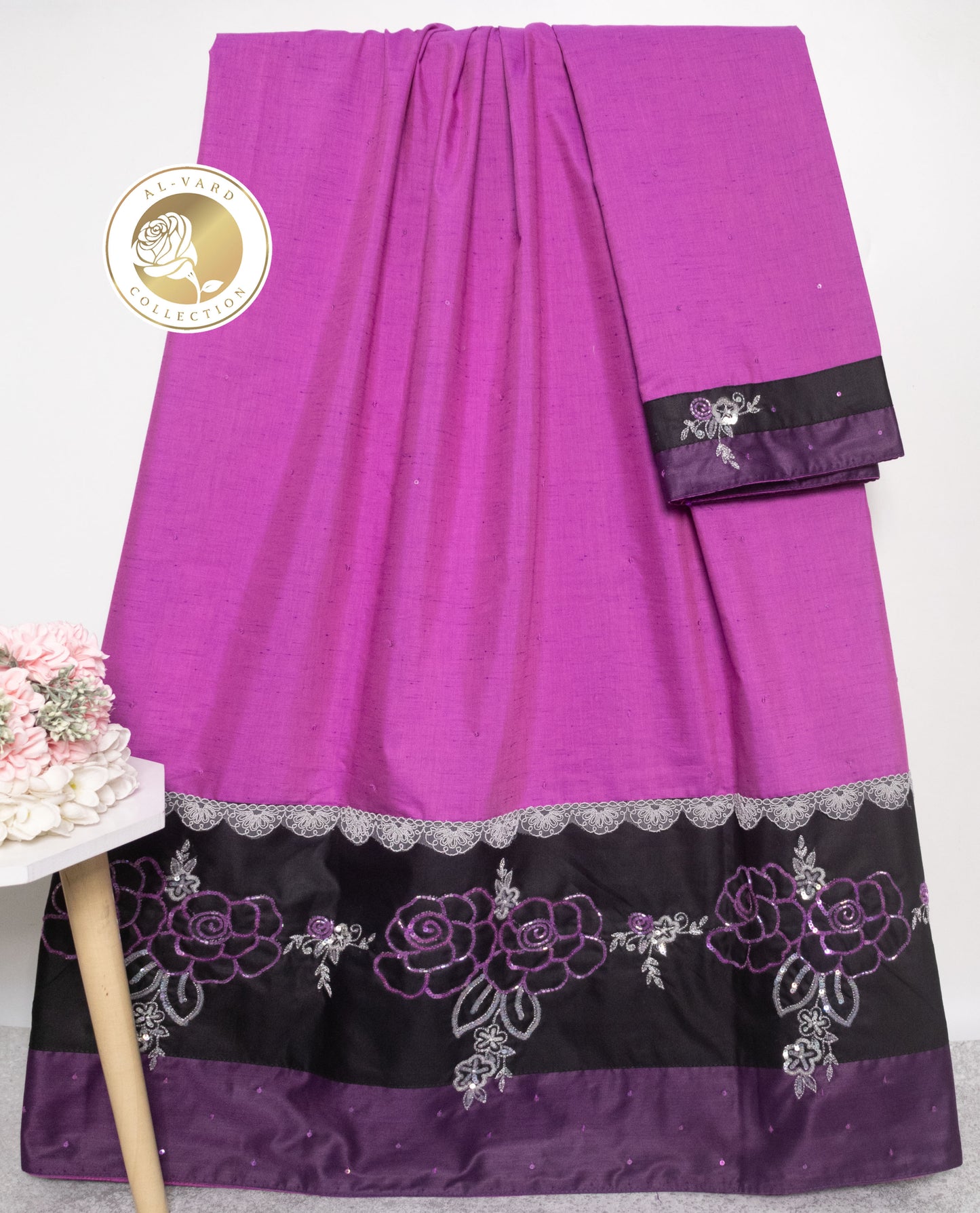 Dark Purple Rida With Black Panel & Floral Aari Work – AL-Vard Collection