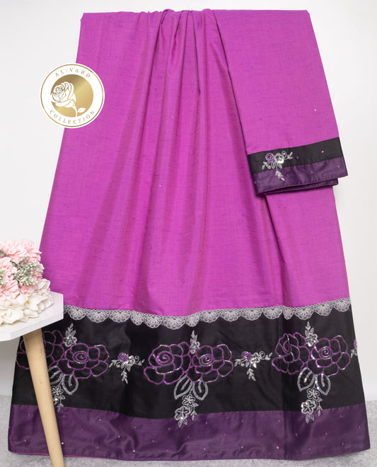 Dark Purple Rida With Black Panel & Floral Aari Work