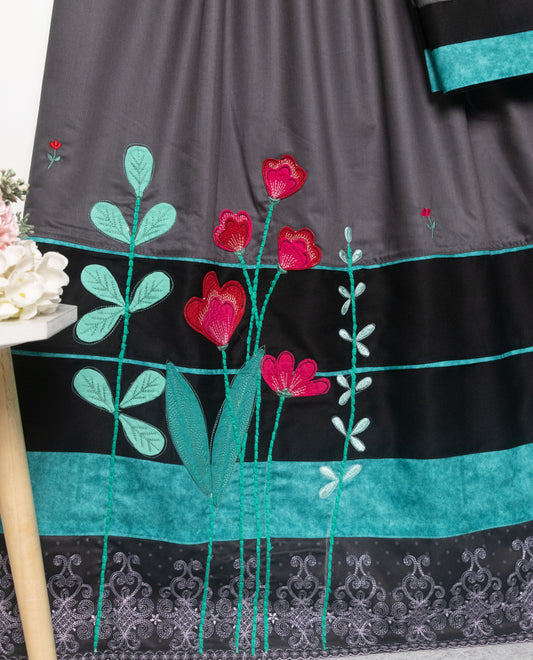 Dark Grey Rida With Smart Panel Pintex & Floral Work Floral Lace