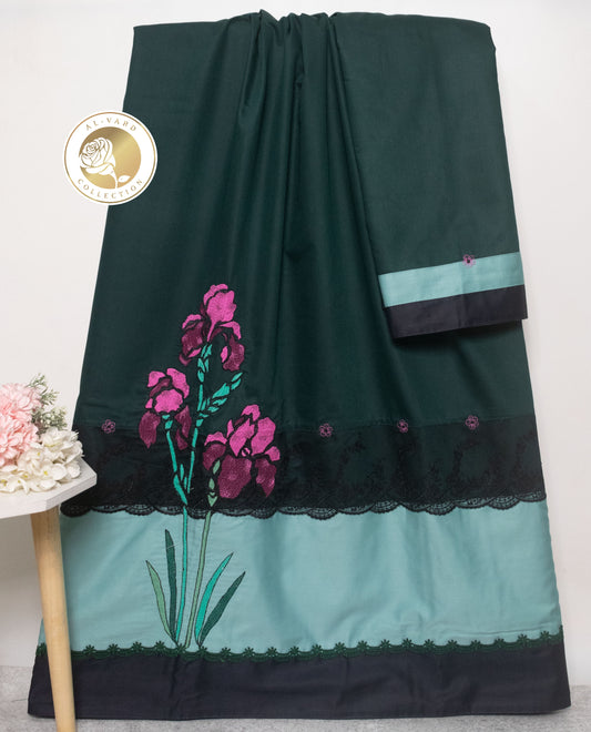 Dark Bottle Green Rida With Smart Green Shade Panel & Floral Purple Work