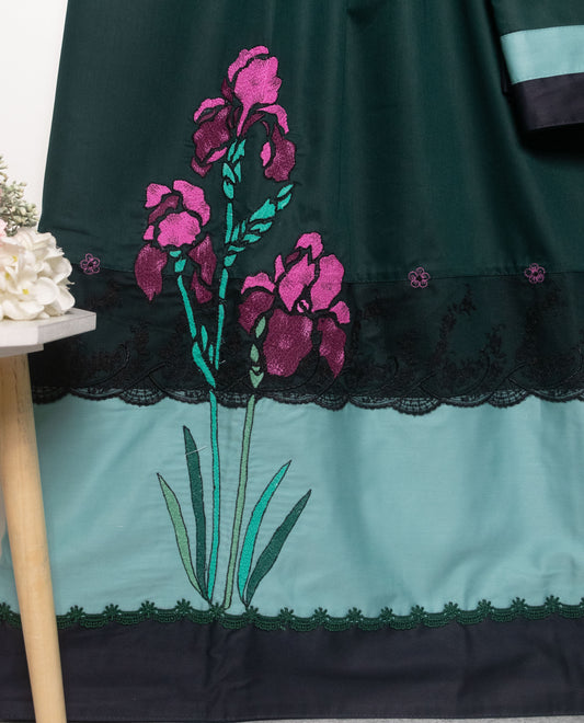 Dark Bottle Green Rida With Smart Green Shade Panel & Floral Purple Work