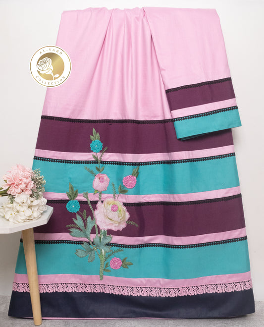 Candy Pink Rida With Smart Dark Block Pattern & Floral Applique Work