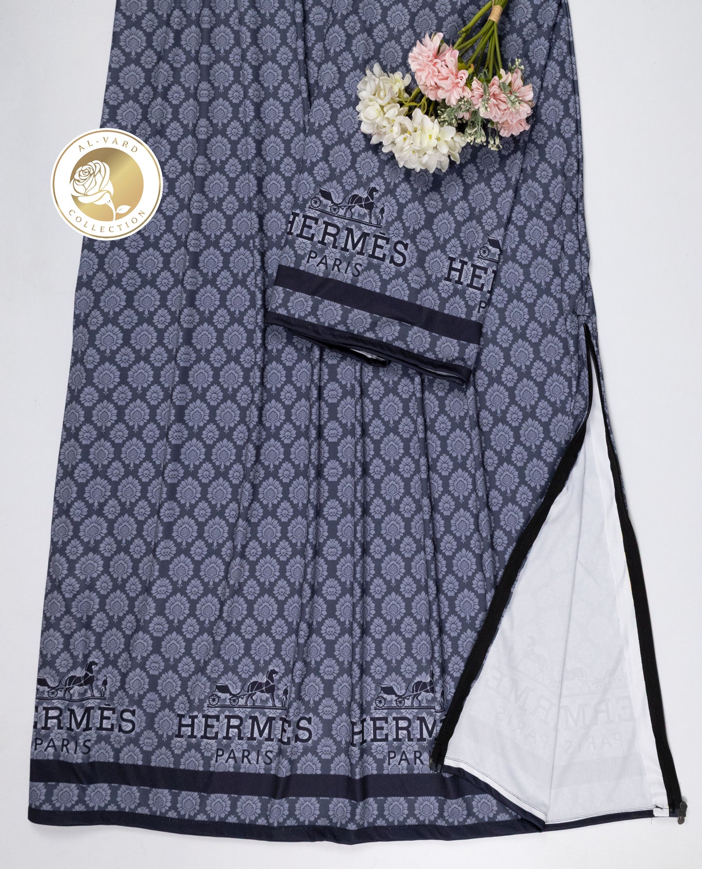 Dark Grey Floral Print Swim Wear With Herms Paris Print With Logo